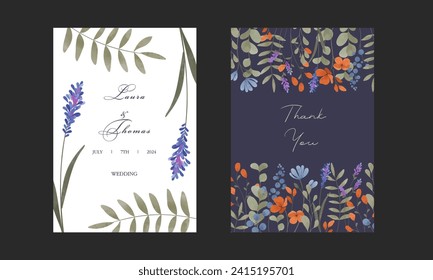 Set of vector postcards. Wedding invitation. Watercolor flowers. Blue-orange flowers