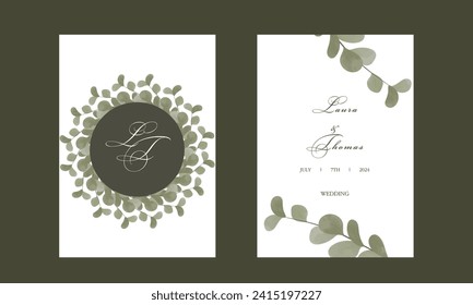 Set of vector postcards. Wedding invitation. Watercolor twigs. Green twigs