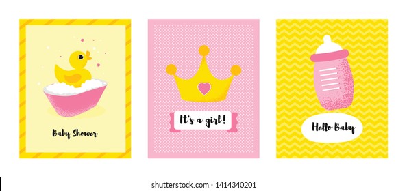 Set of Vector poster of a cute baby duck, bottle and crown. Little funny animal kid for baby shower card, birthday card background for girl. Vector Illustration