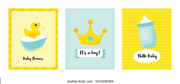 Set of Vector poster of a cute baby duck, bottle and crown. Little funny animal kid for baby shower card, birthday card background for boy. Vector Illustration