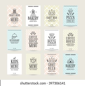 Set of vector poster templates for bakery, cafe, restaurant, pizzeria and craft beer