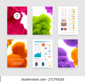 Set of Vector Poster Templates with Fluid Paint Splash. Abstract Background for Business Documents, Flyers, Posters, Annual Reports, Cards and Placards. Infographic Charts, Graphs and other Elements