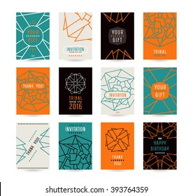 Set of vector poster templates with geometric drawing in thin line style. Templates for flyers, posters and placards. Colored print