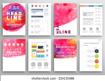 Set of Vector Poster Templates with Watercolor Paint Splash. Abstract Background for Business Documents, Flyers and Placards. 