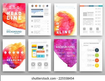 Set of Vector Poster Templates with Watercolor Paint Splash. Abstract Background for Business Documents, Flyers and Placards.