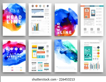 Set of Vector Poster Templates with Watercolor Paint Splash. Abstract Background for Business Documents, Flyers, Posters and Placards.