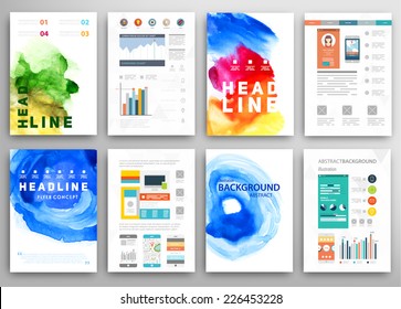 Set of Vector Poster Templates with Watercolor Paint Splash. Abstract Background for Business Documents, Flyers, Posters and Placards.