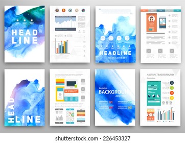 Set of Vector Poster Templates with Watercolor Paint Splash. Abstract Background for Business Documents, Flyers, Posters and Placards.