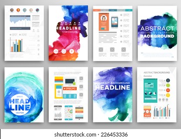 Set of Vector Poster Templates with Watercolor Paint Splash. Abstract Background for Business Documents, Flyers and Placards.