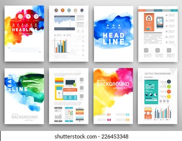 Set of Vector Poster Templates with Watercolor Paint Splash. Abstract Background for Business Documents, Flyers, Posters and Placards.