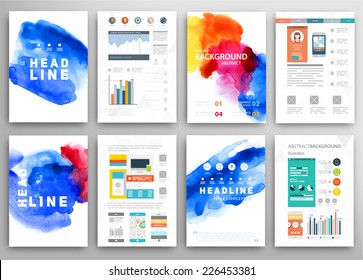 Set of Vector Poster Templates with Watercolor Paint Splash. Abstract Background for Business Documents, Flyers, Posters and Placards.