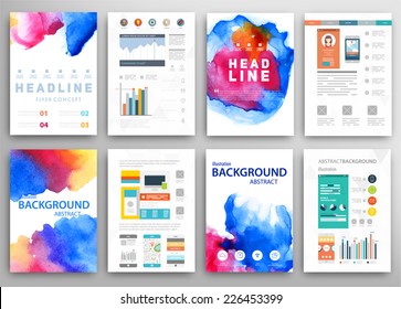Set of Vector Poster Templates with Watercolor Paint Splash. Abstract Background for Business Documents, Flyers, Posters and Placards.