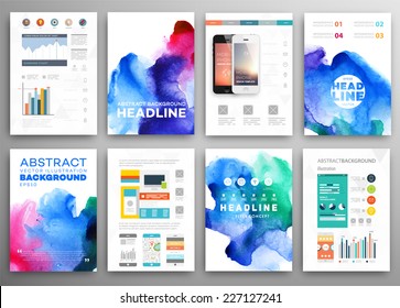 Set of Vector Poster Templates with Watercolor Paint Splash. Abstract Aquarelle Background for Business Flyers, Posters and Placards. Mobile Technologies Concept. Flat Style Web and Infographic Icons.