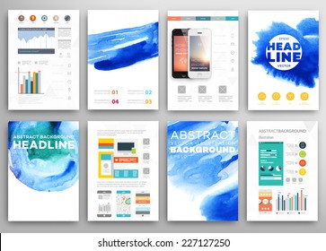 Set of Vector Poster Templates with Watercolor Paint Splash. Abstract Aquarelle Background for Business Flyers, Posters and Placards. Mobile Technologies Concept. Flat Style Web and Infographic Icons.