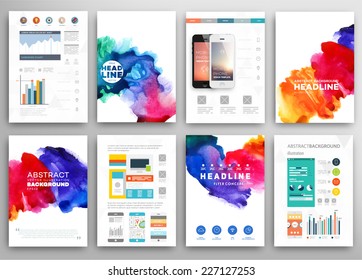 Set of Vector Poster Templates with Watercolor Paint Splash. Abstract Aquarelle Background for Business Flyers, Posters and Placards. Mobile Technologies Concept. Flat Style Web and Infographic Icons.