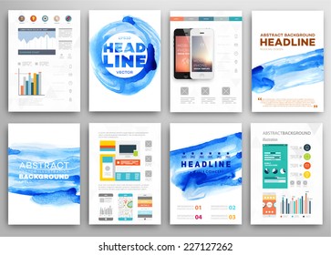 Set of Vector Poster Templates with Watercolor Paint Splash. Abstract Aquarelle Background for Business Flyers, Posters and Placards. Mobile Technologies Concept. Flat Style Web and Infographic Icons.