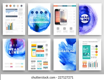 Set of Vector Poster Templates with Watercolor Paint Splash. Abstract Aquarelle Background for Business Flyers, Posters and Placards. Mobile Technologies Concept. Flat Style Web and Infographic Icons.