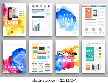 Set of Vector Poster Templates with Watercolor Paint Splash. Abstract Aquarelle Background for Business Flyers, Posters and Placards. Mobile Technologies Concept. Flat Style Web and Infographic Icons.