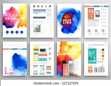 Set of Vector Poster Templates with Watercolor Paint Splash. Abstract Aquarelle Background for Business Flyers, Posters and Placards. Mobile Technologies Concept. Flat Style Web and Infographic Icons.