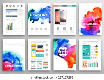 Set of Vector Poster Templates with Watercolor Paint Splash. Abstract Aquarelle Background for Business Flyers, Posters and Placards. Mobile Technologies Concept. Flat Style Web and Infographic Icons.