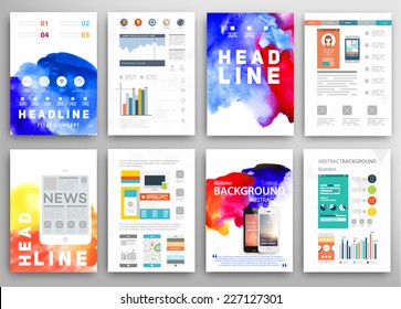 Set of Vector Poster Templates with Watercolor Paint Splash. Abstract Aquarelle Background for Business Flyers, Posters and Placards. Mobile Technologies Concept. Flat Style Web and Infographic Icons.