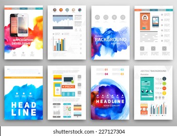 Set of Vector Poster Templates with Watercolor Paint Splash. Abstract Aquarelle Background for Business Flyers, Posters and Placards. Mobile Technologies Concept. Flat Style Web and Infographic Icons.