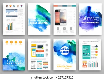 Set of Vector Poster Templates with Watercolor Paint Splash. Abstract Aquarelle Background for Business Flyers, Posters and Placards. Mobile Technologies Concept. Flat Style Web and Infographic Icons.