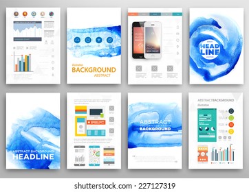 Conjunto de plantillas de póster vectorial con barra de pintura de color de agua. Resumen Antecedentes de Aquarelle para volantes de negocios, afiches y carteles. Concepto de tecnologías móviles. Web de estilo plano e iconos infográficos.