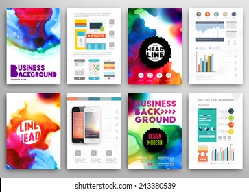 Set of Vector Poster Templates with Watercolor Paint Splash. Abstract Background for Business Documents, Flyers, Posters and Placards.