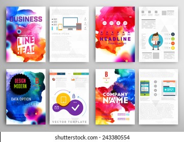 Set of Vector Poster Templates with Watercolor Paint Splash. Abstract Background for Business Documents, Flyers, Posters and Placards.