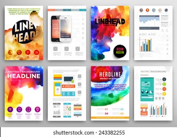 Set of Vector Poster Templates with Watercolor Paint Splash. Abstract Background for Business Documents, Flyers, Posters and Placards.