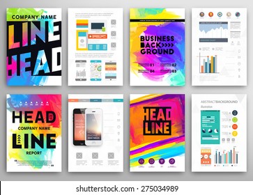 Set of Vector Poster Templates with Watercolor Paint Splash. Abstract Aquarelle Background for Business Flyers, Posters and Placards. Mobile Technologies Concept. Flat Style Web and Info graphic Icons.