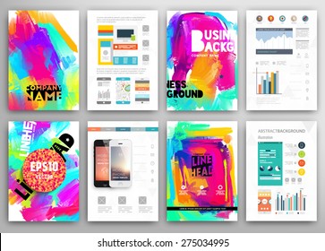 Set of Vector Poster Templates with Watercolor Paint Splash. Abstract Aquarelle Background for Business Flyers, Posters and Placards. Mobile Technologies Concept. Flat Style Web and Info graphic Icons.