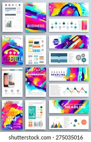 Set of Vector Poster Templates with Watercolor Paint Splash. Abstract Aquarelle Background for Business Flyers, Posters and Placards. Mobile Technologies Concept. Flat Style Web and Info graphic Icons.