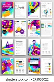 Set of Vector Poster Templates with Watercolor Paint Splash. Abstract Aquarelle Background for Business Flyers, Posters and Placards. Mobile Technologies Concept. Flat Style Web and Info graphic Icons.