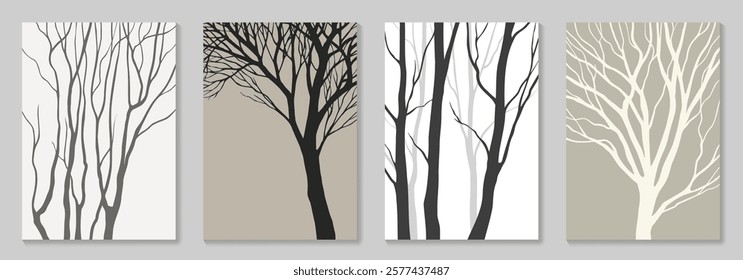 Set of vector poster with tree silhouettes for design interior, packaging, postcard, invitation, cover design. Abstract background. Earth tone colors illustration.