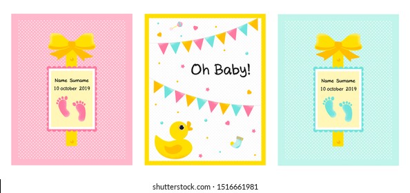 Set of Vector poster for twins. Little funny printfoot for shower card, birthday card background for girl and boy. Vector Illustration