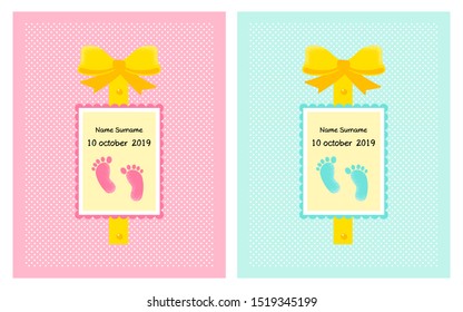 Set of Vector poster for twins. Little funny printfoot for shower card, birthday card background for girl and boy. Vector Illustration