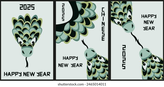 Set vector Posters 2025 Chinese New Year with retro Geometrical Snake. Asian 2025 Zodiac holiday background collection. Vector pastel aesthetic can used Web and Social Media greeting card cover print.