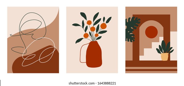 Conjunto de carteles vectoriales con arte abstracto, naranjo y paisaje de verano. Impresiones modernas minimalistas para arte mural, carteles, tarjetas de felicitación. Ilustraciones de gráficos digitales