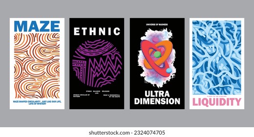 Set of vector posters with Abstract Pattern Shapes. Engraving illustrations and typography. Suitable Background images for cover, banner, poster. T-shirt print, and more.