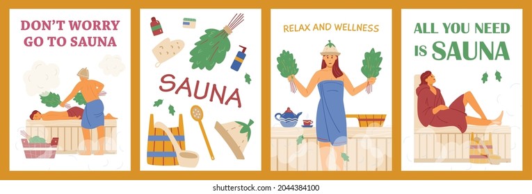 Set of vector posters with accessories for relaxation in steam banya and people in towels enjoying hot sauna. Persons taking care wellness hygiene therapy for body at leisure.