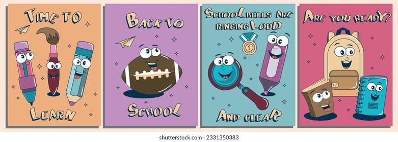 A set of vector posters Back to School with cartoon funny characters of school subjects. An illustration with an inscription for printing on a T-shirt. Modern vector illustration.
