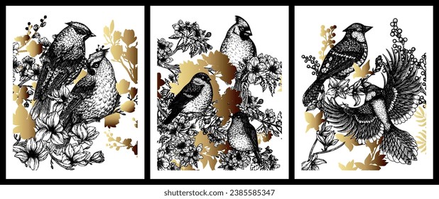 Set of vector posters with birds in the spring garden.Waxwing, robin, bullfinch, red cardinal and blue jay in engraving style