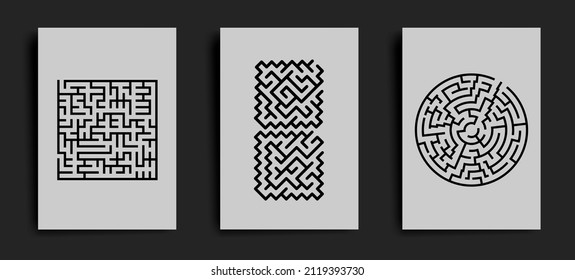 Set of vector posters with black and white maze or labyrinth