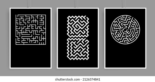 Set of vector posters with black and white maze or labyrinth