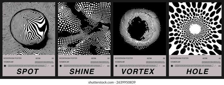 Set of vector posters in black and white op art style. Each features abstract modernism with optical patterns: sphere, dots, vortex, and hole. Monochrome futurism is a highly popular 2025 trend.
