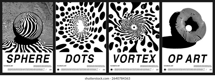 Set of vector posters in black and white op art style. Each features abstract modernism with optical patterns: sphere, dots, vortex. Monochrome futurism is a highly popular 2025 trend.
