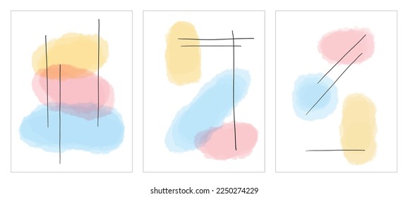 Set of vector posters with colorful watercolor stains in pastel colors and black thin line. hand drawn illustration. Brush stroke. Serenity. Art. Abstract minimalistic composition. Shape. Pink, blue