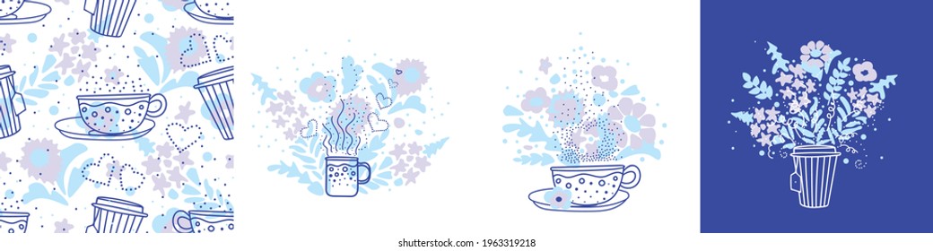 set of vector posters with a cup of tea, a teapot on a background of flowers, seamless pattern. Suitable for postcards, posters, social media posts, greeting cards, invitations